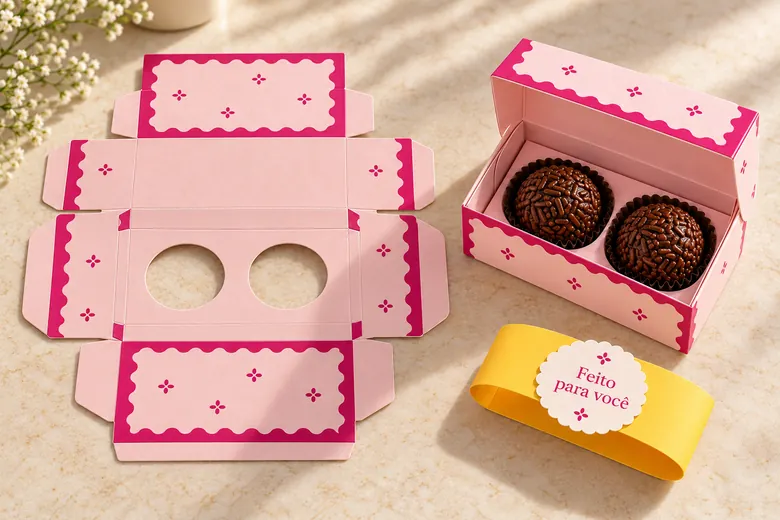 Molde aberto ao lado da caixa montada para dois brigadeiros em forminhas