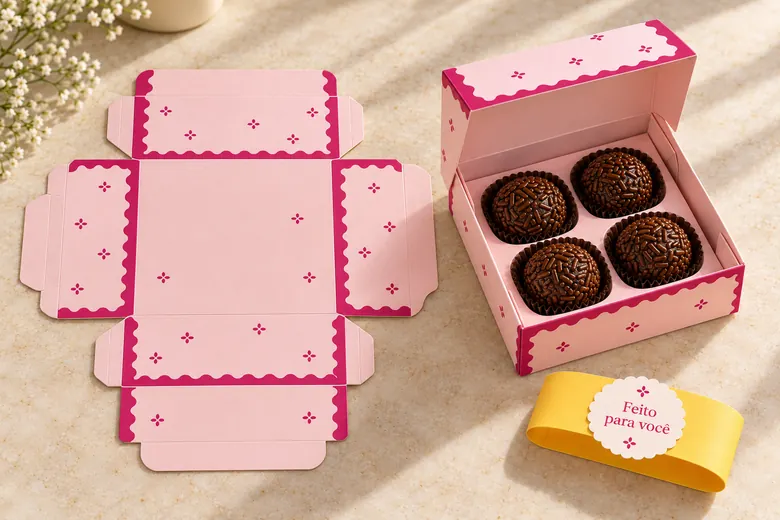 Molde aberto ao lado da caixa montada para quatro brigadeiros com berço