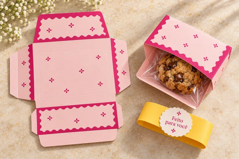 Molde aberto e envelope rosa com um cookie de chocolate em embalagem transparente